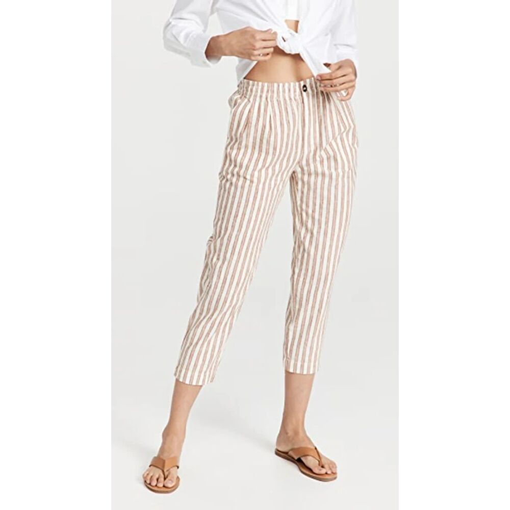 Madewell Linen Cotton Track Trouser Pants In Stripe In Saddle Brown